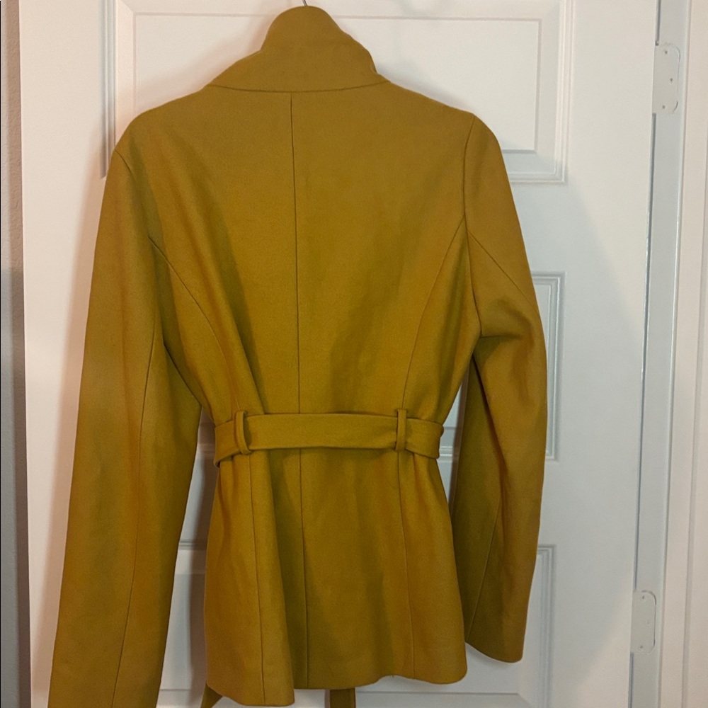 VTG Kenar Mustard cropped Trench Coat felt crossover wool blend SZ L belted - Picture 2 of 15